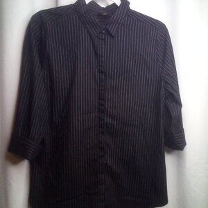 Worthington Blouse Shirt Women L Button Up 3/4 Sleeve Stripe Black White